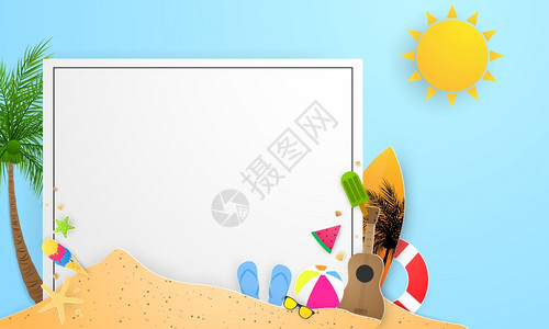 卡通海滩沙滩椅春季夏框架海报游泳环打招呼背景横幅矢量图解和海报卡设计背景