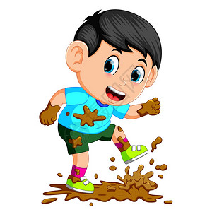 小男孩在泥中奔跑卡通矢量插画图片