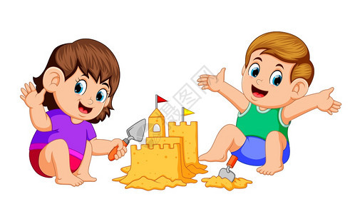 男孩和女孩在海滩上做一个大沙堡图片