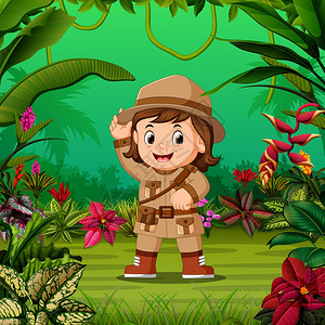 兰毗尼年轻女孩冒险家站在丛林中间插画