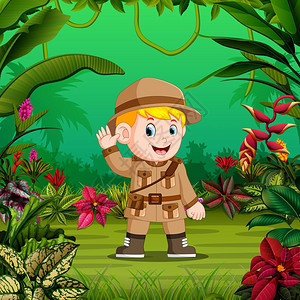 兰毗尼年轻的冒险家站在森林的中间插画