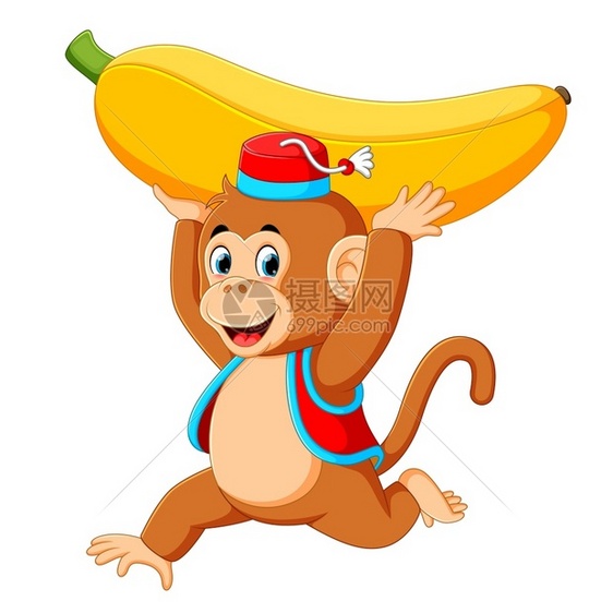 马戏团的猴子玩耍并举起大黄香蕉图片