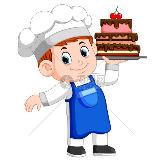 年轻的厨师拿着一个蛋糕托盘图片