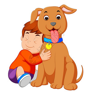 一个小男孩拥抱他的狗图片素材