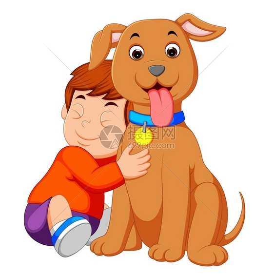 一个小男孩拥抱他的狗图片