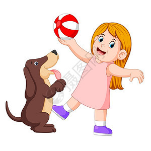 年轻女孩与狗玩球图片