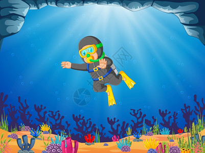 一个人在蓝色海洋背景下使用氧气管潜水图片