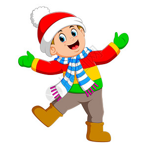 丝巾披肩一个带着绿色手套的男孩正在跳舞与好姿势插画