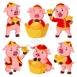 孩子 一群一群可爱的粉红猪在新年用红色服装插画