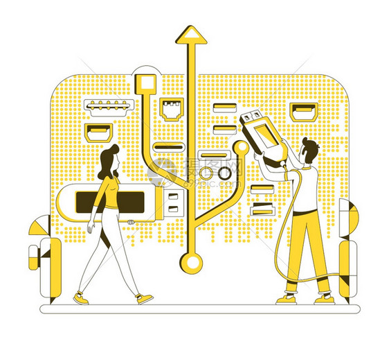 缩图驱动器2d卡通字符用于网络设计闪存驱动器计算机辅助便携式数据存储装置创造想法usb内存棒细线概念矢量说明图片