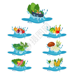 在水中的蔬菜卡通矢量插图图片
