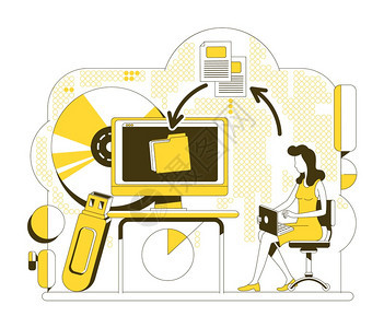 文件传输薄线概念矢量说明有膝上型计算机2d卡通字符用于网络设计无线通信技术数据交换信息备份概念矢量说明图片