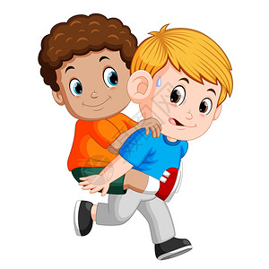 青春期,笑的男孩背着他最好的朋友背着他插画