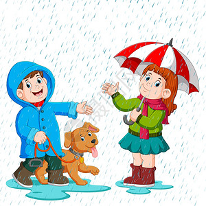 动物雨衣在雨中的一对情侣插画