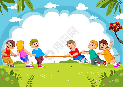 儿童在公园里玩拖战游戏图片