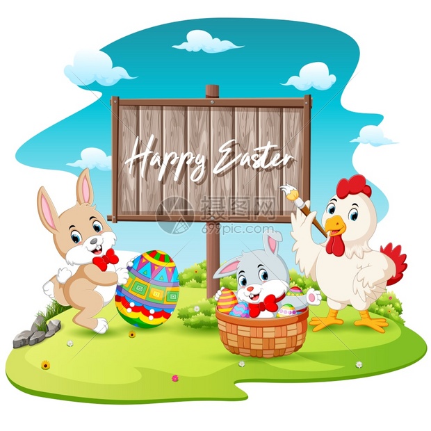 快乐的兔子和公鸡画彩蛋背景