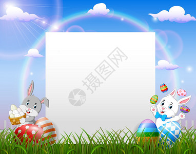 兔子靠近白纸和彩色蛋图片