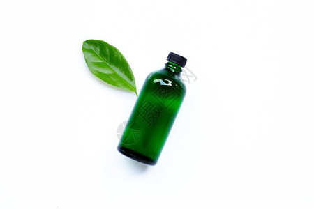 白背景上绿色叶子的基本油瓶复制空格图片
