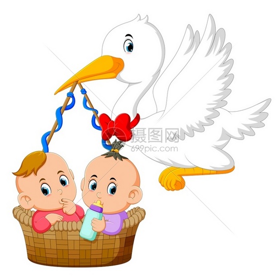 鸟手里拿着篮子面有两个婴儿图片