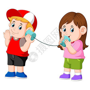 女孩和男在有线锡罐子电话上交谈的实验图片