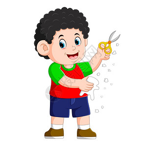 肚皮贴花男孩拿着剪刀纸插画