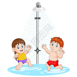 沐浴后涂抹身体乳孩子们在淋浴下玩耍插画