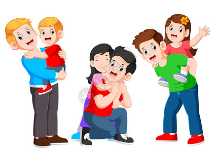 父母孩子阅读三个快乐的父亲拥抱他孩子和玩插画