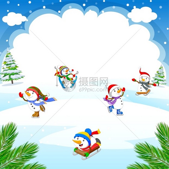 冬季圣诞节背景雪人玩滑雪图片