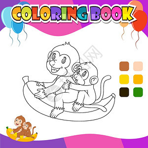 骑着香蕉的猴子彩色插图图片