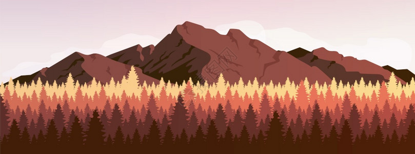 棕色山丘和fir树林地风景野生自然2d卡通背上有树木和岩石图片