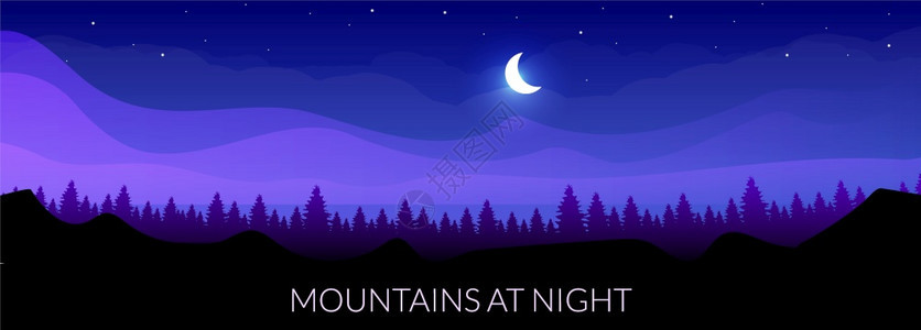 夜晚平面的山脉夜晚平面的彩色矢量标语模板午夜时的锥形森林地的天空线野生森林树和山丘2d卡通背景图片