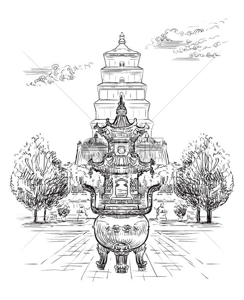 寺庙的简笔画手绘图片