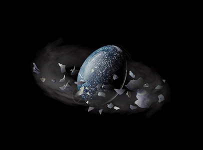以行星或流形式喷出巨型蛋的创作成分上面有漂浮的岩石或外壳在黑背景上环绕物体复制空间飞动的彩蛋或行星上面有贝壳的部分图片