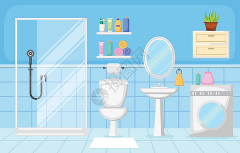 浴室墙面插画-浴室墙面卡通-儿童日常活动与黄橡皮鸭一起洗澡水处理发