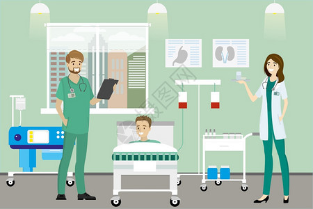 在医院病房里的男患者和医生们卡通矢量插画图片