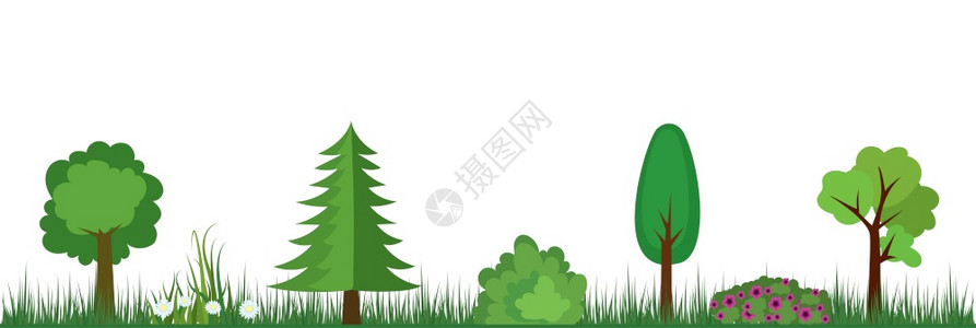 自然景观树木灌鲜花和草矢量元素插画