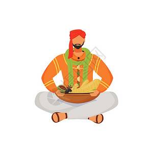 男印地安人配有调味品平板颜色矢量面不露的格冥想人品味商坐在莲花位置上图片