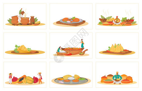 餐厅烹饪和提供比喻印度菜烹饪和仆人热带水果和香料销售商2D卡通人物背景图片