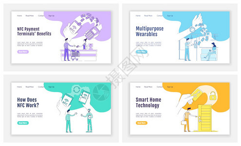 nfc技术着陆页平面双光电矢量模板设置无联系支付主页布局智能一网站界面带有卡通大纲字符设备网络横幅页图片