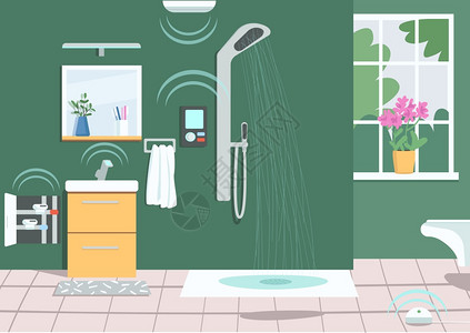 互联网技术现代家庭生活无线技术空洗手间2D卡通内部背景有智能电器图片