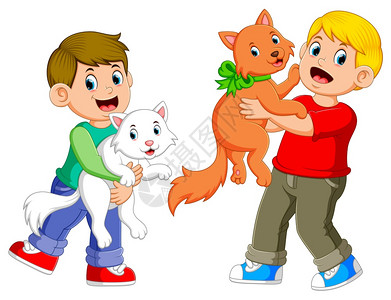 小奶猫侧颜男孩们用快乐的面孔玩猫插画