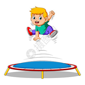 晚上在床上睡不着可爱的小男孩跳在蹦床上的插图插画