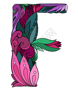 如来佛祖雕刻图案用花卉涂鸦图案给手绘大写字母f上色矢量元素着色