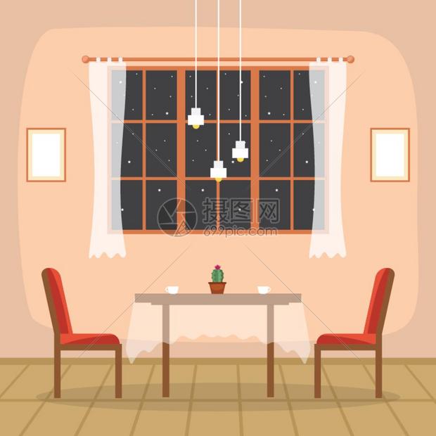 现代餐厅室内家具矢量插图