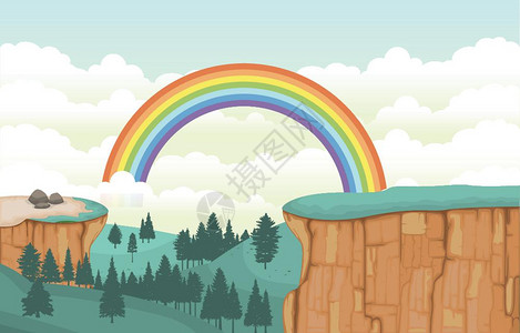 悬崖自然景观彩虹矢量插画图片