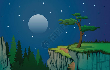悬崖自然景观夜景矢量插画图片
