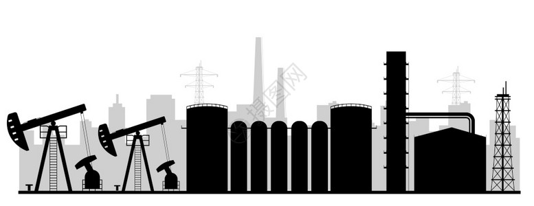 工业天然气开采设施单色地貌岸上石油钻机2D型卡通泵和油罐图片
