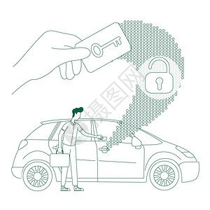 电子钥匙的人打开车门2d卡通字符矢量插图图片素材