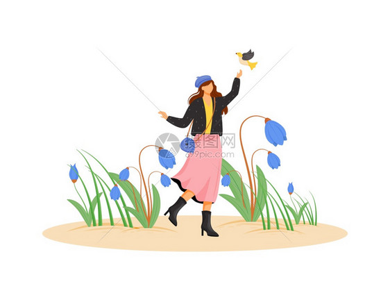 在大衣平板概念矢量插图中女快乐的士散步和在春装上摆姿与手持的鸟花朵开2D卡通字符用于网络设计春季创意理念图片