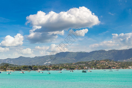 夏日在泰河沿岸的KohSamui岛有棕榈树的热带海滩图片